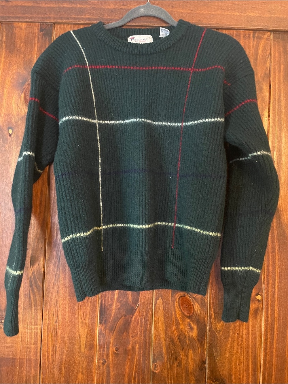 Vintage 100% Wool Men's Dark Green Tartan Crewneck Sweater with Contrast Stripes